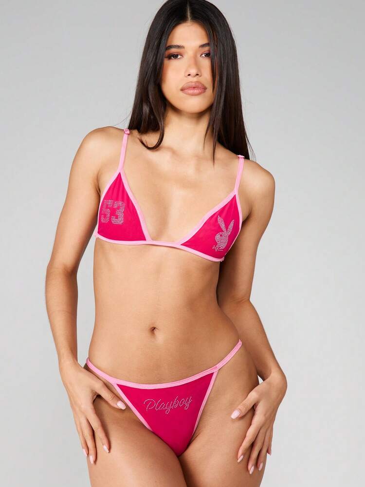 Missguided x Playboy Hotfix Rhinestone Graphic Bralette And Panty Set With Triangle Cups And Scoop Neckline For Intimate Occasions