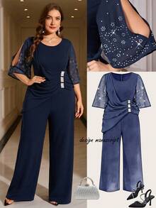 Ellevyn 大码优雅蓝色水钻装饰连体裤，适合秋冬派对穿着 - 藏蓝色 - 查看 9