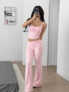 SHEIN EZwear 女士休闲通勤瑜伽运动蝴蝶印花修身露脐背心和喇叭裤套装 - 彩色 - 查看 5