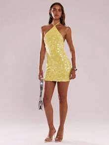 SHEIN BAE 女士纯色亮片性感时尚吊带迷你连衣裙 - 黃色 - 查看 3