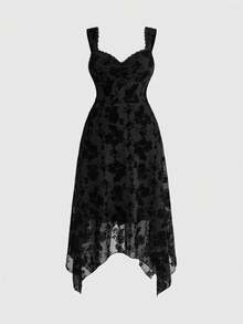 ROMWE Goth Vintage Romantic Spring Date Cinched Waist Asymmetrical Hem Mid-Length Plus Size Dress - Black - View 5