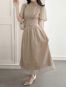 DAZY 优雅女神褶皱雪纺飘逸连衣裙 - 杏色 - 查看 4