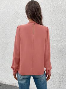 EMERY ROSE Women's Casual Everyday Commute Solid Color Stand Collar Lantern Sleeve Loose Top, Spring/Autumn - Red - View 2