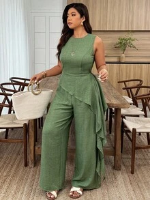 Weeklong Plus Size Women Spring/Summer Round Neck Waist Cinched Asymmetric Hem Ruffle Casual Workwear Set - Apricot - View 3