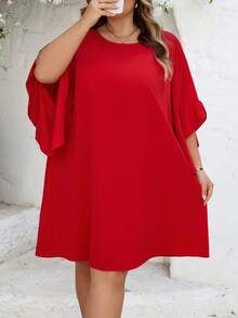 SHEIN CURVE+ Curve 尺码 US22 音乐节、海滨度假、波西米亚风 CURVE PLUS / / 女士圆领蝙蝠袖红色 A 字及膝中袖通勤春夏轻薄连衣裙 - 紅色 - 查看 10