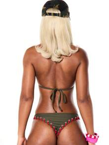 SUMWON WOMEN Halter Neck Triangle Bikini Set With Red Lace Up Detail And Metal Eyelets Summer Swimwear Two Piece Beachwear - Army Green - View 3