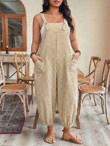 EMERY ROSE Bộ jumpsuit nữ cỡ lớn thanh lịch kẻ sọc có túi, dây rút, phù hợp cho công sở, mùa xuân/hè. - Màu vàng - Xem 5