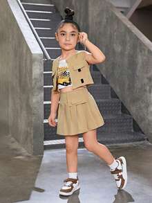 SHEIN Explorewe 年輕女孩3件套裝(小車與字母圖案的背心、襯衫+塗層細節百褶裙+拉鍊背心外套) - 彩色 - 查看 6