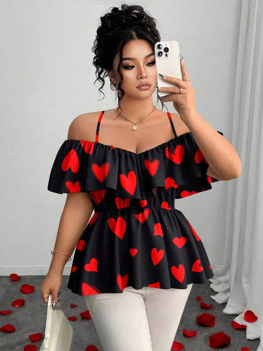 Elenzga Áo kiểu dáng chữ A trễ vai thanh lịch, viền bèo nhún, cỡ lớn, thích hợp cho mùa xuân/hè. - màu đen - Xem 1