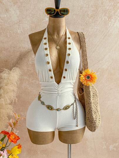 Soleia Nuevo mono con escote profundo y espalda descubierta con cordones, adecuado para fiestas, citas, San Valentín, Pascua, carnaval, té de la tarde, playa, crucero, vacaciones en la ciudad, estilo bohemio, romántico con estampado floral