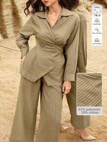 Modelyn 女士卡其色条纹长袖交叉系带纽扣腰A字优雅上衣和直筒长裙两件套，春夏款 - 卡其色 - 查看 1