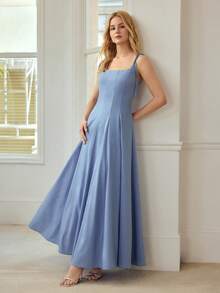 MOTF PREMIUM VESTIDO DE MUJER CON CINTURA CEÑIDA Y BAJO ACAMPANADO, TIRANTES FINOS, COLOR AZUL, PARA VACACIONES - Azul - Ver 4