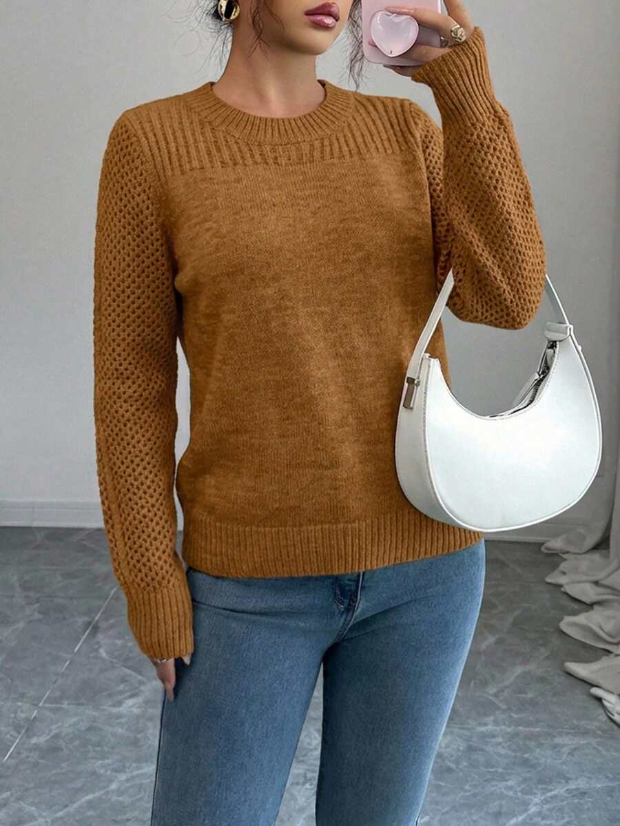 Women's Solid Color Round Neck Long Sleeve Casual Pullover Sweater, Autumn/Winter - Redwood - View 1