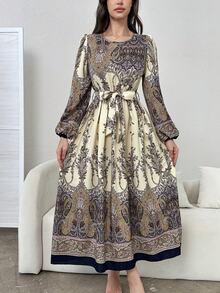 Al Najma 女士优雅阿拉伯风格梭织印花收腰喇叭泡泡袖连衣裙，春夏款 - 彩色 - 查看 7