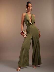Hauture Olive Green Plunging Halter Neck Wide Leg Jumpsuit With Metal Trim - Army Green - View 1