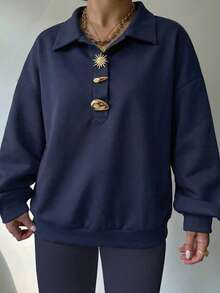 INAWLY Sudadera casual de manga larga de unicolor para tallas grandes - Azul Marino - Ver 4