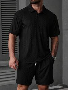 Manfinity Homme Men's Solid Color Half-Zip Short Sleeve Casual Summer Daily Polo Shirt Set - Black - View 1