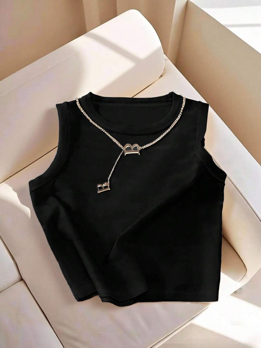 Resyla Camiseta de tirantes negra de cuello redondo casual y versátil para mujer - Negro - Ver 1