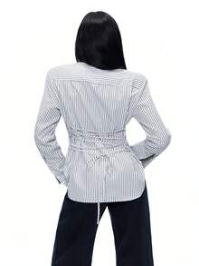 TypaGal 女士撞色条纹长袖衬衫 - 黑與白 - 查看 2