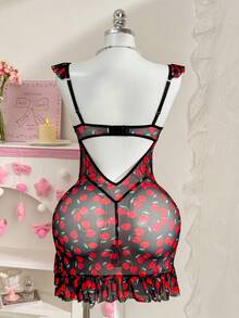 PetitDoll 两件套复古碎花荷叶边露背吊带睡裙，性感甜美，女士款 - 彩色 - 查看 2