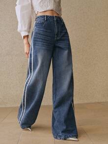 Anewsta 春季时尚蓝色牛仔裤，侧边饰有白色条纹织带，百搭女式牛仔裤 - 藍色 - 查看 4