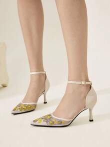 CUCCOO CHICEST Damen Spitze Zehen Blumen Stickerei Mesh Schnallen Design Elegante High Heels - Aprikosenfarben - Übersicht 6