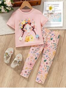 SHEIN 2件套少女休闲人像印花圆领短袖T恤和裤子夏季套装 - 淺粉色 - 查看 3