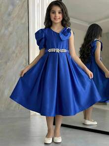 SHEIN Vestido elegante con hombro asimétrico, estampado gráfico y manga gigot para niña preadolescente - Negro - Ver 7