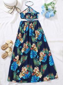 SHEIN Đầm maxi đi biển kiểu boho, cổ yếm, hở lưng, xẻ tà cao, in họa tiết hoa nhiệt đới cho bé gái tuổi teen. - Màu xanh lam - Xem 5