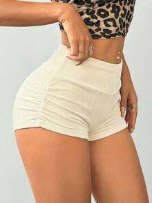 SHEIN EZwear Casual Women's Ruched Mini Biker Shorts In Apricot Polyester - Apricot - View 3