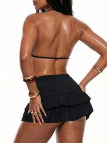 Oceva 26SS 情人节独家热销时尚单品，女士春夏沙滩装，女士泳裤，单件式，优雅性感沙滩度假风INS爆款，甜美可爱荷叶边装饰，可调节蝴蝶结腰带，黑色，简约百搭，优雅浪漫，性感迷人，适合沙滩、海岛度假、假期、派对、日常穿着 - 黑色 - 查看 2