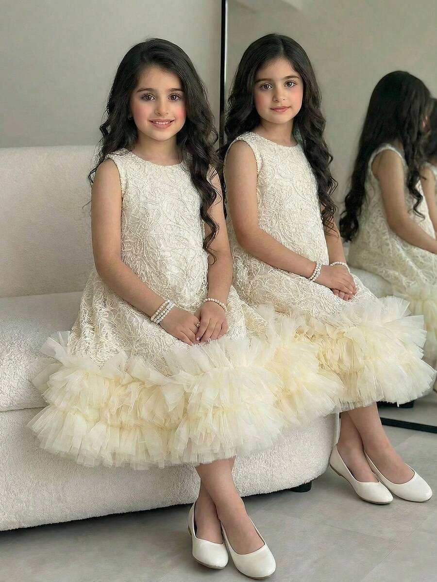 SHEIN Tween Girl Elegant Lace Embroidered Mesh Hem Sleeveless Round Neck Dress - Apricot - View 1