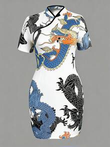 SHEIN Clasi 女士复古龙纹印花修身迷你连衣裙 - 彩色 - 查看 1