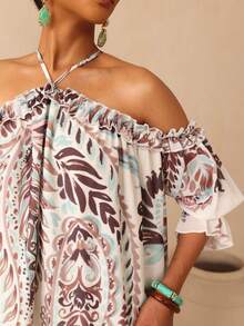 SHEIN Veneréa Floral Digital Print Halter Neck Cold Shoulder Short Sleeve Ruffle Sleeve Backless Bow Loose Long Maxi Dress For Women - Multicolor - View 4