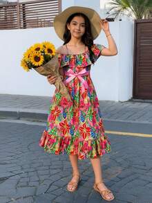 Sparklyn Girls' Casual Floral Print Ruffle Hem Camisole Dress - Multicolor - View 7