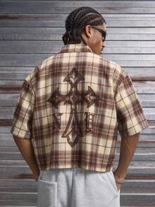 AXEPEAK 男士格子印花十字休闲短袖T恤 - 彩色 - 查看 3