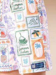 SUMWON Boys Tropical Vacation Stamps All Over Print Swim Shorts Beach Summer Swimwear Mid Thigh Length Drawstring - Apricot - View 3