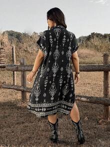 Ceyna 大码夏季度假印花前扣蝙蝠袖连衣裙 女士夏季连衣裙 裹身裙 女士度假套装 女士休闲连衣裙 女士沙滩罩衫 波西米亚风连衣裙 女士度假装 女士度假连衣裙 女士泳装 女士罩衫 女士沙滩连衣裙 卡夫坦沙滩罩衫 - 黑色 - 查看 2