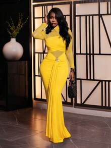 BamGleam 女士优雅派对高领网纱拼接金属花卉装饰修身连衣裙，鱼尾裙摆 - 黃色 - 查看 4