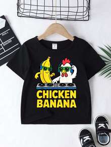 SHEIN Young Boys' Casual Minimalist Round Neck T-Shirt, Suitable For Summer, Classic Cool Street Style Cartoon CHICKEN BANANA, Graphic Text Print, Y2K - Black - View 2