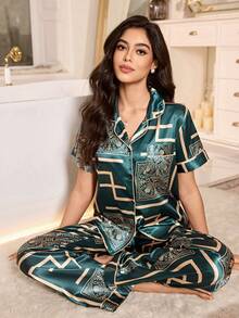 女士优雅几何图腾复古印花仿丝开衫短袖睡衣套装 - 墨綠色 - 查看 5