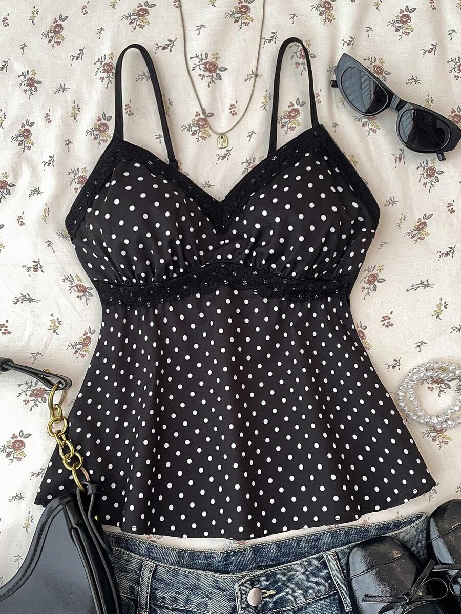 SHEIN Teen Girls Black & White Polka Dot Lace Camisole Elegant White Lace Trim Camisole, Suitable For Summer, Vacation, Casual, Home, Bohemian Style - Black - View 1