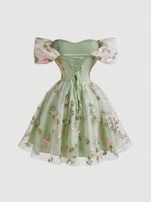 SHEIN MOD 女士露肩印花优雅收腰派对迷你连衣裙 - 綠色 - 查看 5