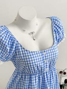 Elamini Women's Simple Blue Plaid Puff Sleeve Ruffle Trim Crop Top, Summer - Blue - View 4