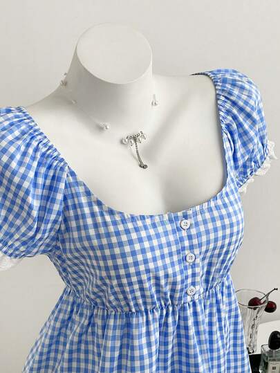 Elamini Women's Simple Blue Plaid Puff Sleeve Ruffle Trim Crop Top, Summer