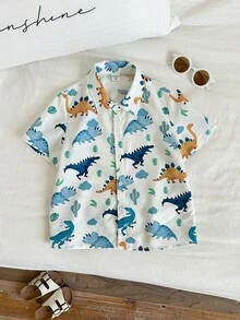 SHEIN 男童可爱休闲度假恐龙棕榈树印花短袖衬衫，适合夏季、春季户外运动、旅行 - 彩色 - 查看 7