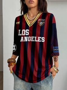 Coolane 休闲简约街头运动风红蓝条纹洛杉矶号码字母图案足球衫网眼T恤，女款，适合夏季穿着 - 彩色 - 查看 4