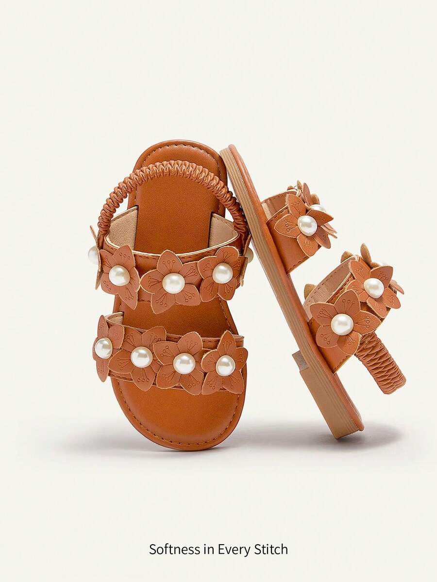 Cozy Pixies 1 pereche de sandale plate pentru copii, drăguțe fete, distracție prințesă, în aer liber, tridimensionale, flori cu perle, idilice, vacanță, la modă, versatile, petrecere, vară - Maro - Vizualizare 1