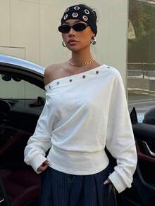 Muchica 女士新款不对称肩部镂空设计腰部卫衣，春夏款 - 白色 - 查看 6