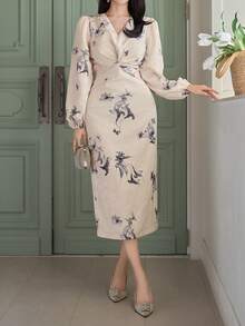 DAZY Women's Elegant Floral Print V-Neck Puff Sleeve Twist Dress, Spring/Summer - Purple - View 7